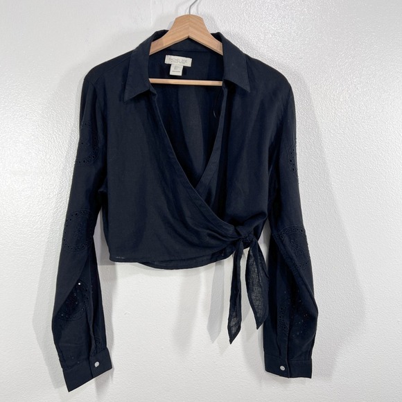 Rachel Zoe Tops - RACHEL ZOE Black Linen Blend Eyelet Wrap Cropped Long‎ Sleeve Shirt Top Womens L
